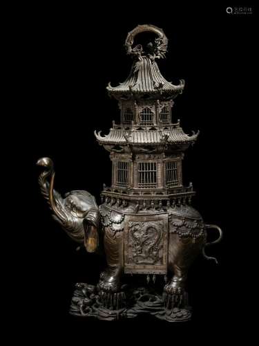 A Japanese Bronze Elephant-Form Incense Burner Overall heigh...