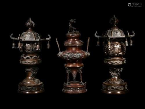 Two Japanese Pagoda-Form Bronze Lanterns and A Bronze Incens...