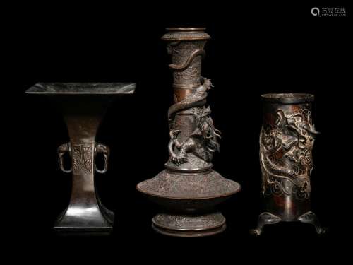 Three Japanese Bronze Vases Height of tallest 14 1/2 in., 37...
