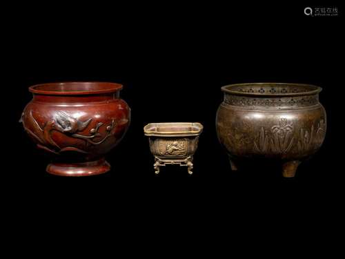 Three Large Japanese Bronze Wares Diameter of largest 14 1/2...