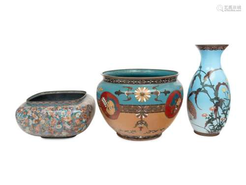 Three Japanese Blue Ground Cloisonné Vessels Height of talle...