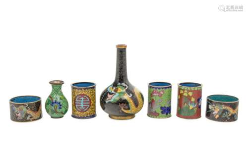 Seven Japanese Cloisonné Miniature Articles Height of larges...