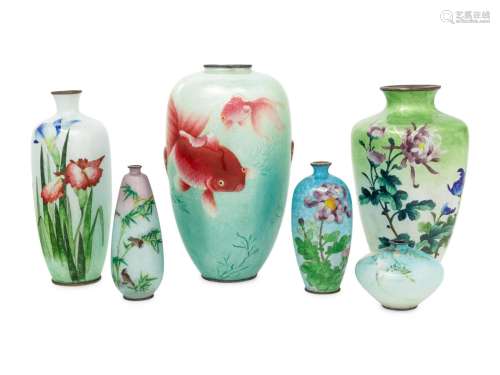 Six Japanese Green-Ground Ginbari Cloisonné Vases Height of ...