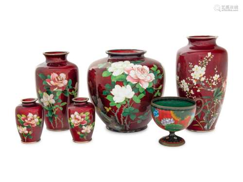 Six Japanese Red Ground Cloisonné Vessels Height of tallest ...