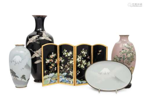 Five Japanese Cloisonné Articles Height of largest 12 in., 3...