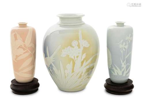 Three Japanese Slip-Decorated Porcelain Vases Total height o...