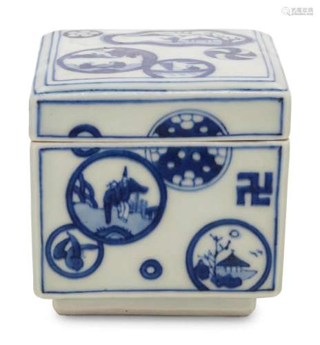 A Japanese Blue and White Porcelain Square Covered Box Heigh...