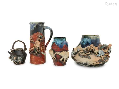 Four Japanese Sumidagawa Pottery Vessels Height of tallest 1...