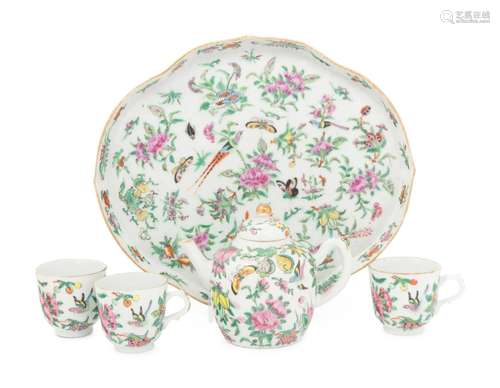 A Five-Piece Famille Rose Porcelain 'Butterfly' Te...