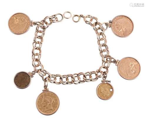 A GOLD COLOURED BRACELET SUSPENDING VARIOUS AMERICAN GOLD CO...