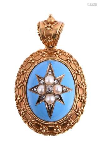 A MID VICTORIAN ENAMELLED DIAMOND AND HALF PEARL LOCKET PEND...