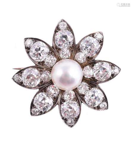 A VICTORIAN DIAMOND AND PEARL FLOWER HEAD CLUSTER BROOCH CIR...