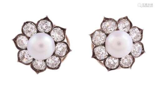 A PAIR OF VICTORIAN DIAMOND AND HALF PEARL EAR STUDS CIRCA 1...