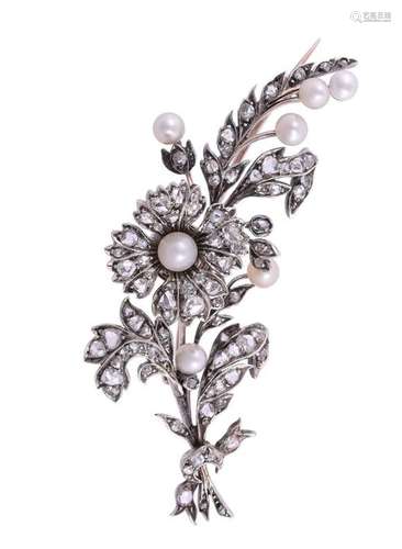 A VICTORIAN DIAMOND AND BOUTON PEARL FLORAL SPRAY BROOCH, CI...