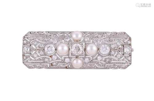 AN EARLY 20TH CENTURY BOUTON PEARL AND DIAMOND BROOCH, CIRCA...