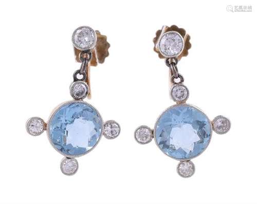 A PAIR OF EARLY 20TH CENTURY AQUAMARINE AND DIAMOND EAR PEND...