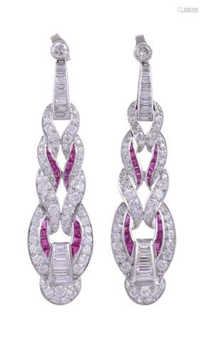 A PAIR OF DIAMOND AND RUBY EAR PENDANTS