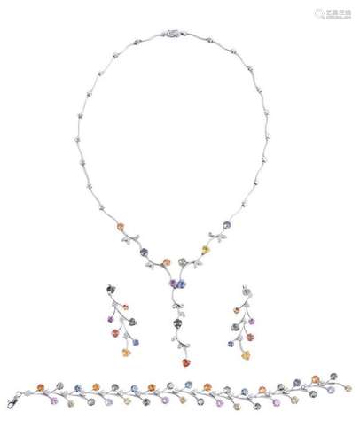 A COLOURED SAPPHIRE AND DIAMOND NECKLACE, BRACELET AND EARRI...