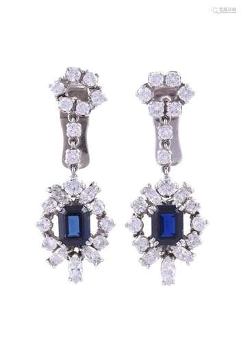 A PAIR OF SAPPHIRE AND DIAMOND CLUSTER EAR PENDANTS