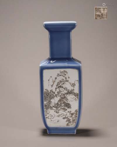 蓝釉雕瓷山水图赏瓶