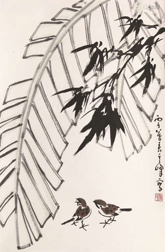 b.1920 孙其峰 芭蕉麻雀 纸本设色 立轴