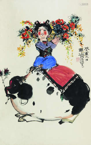 1921～2007 程十发 少女献花图 纸本设色 立轴