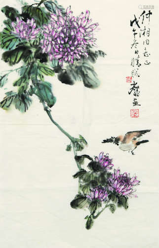 1908～1997 陆抑非 花鸟 纸本设色 软片