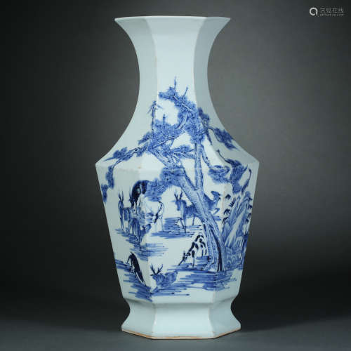 Qing Dynasty,Blue and White Deer Pattern Bottle