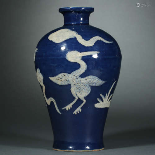 Yuan Dynasty, Blue Glaze Cloud Crane Pattern Prunus Vase