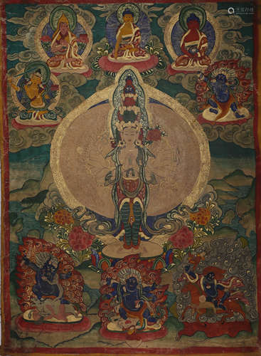 Thousand-handed Guanyin Thangka with ten faces in qing Dynas...