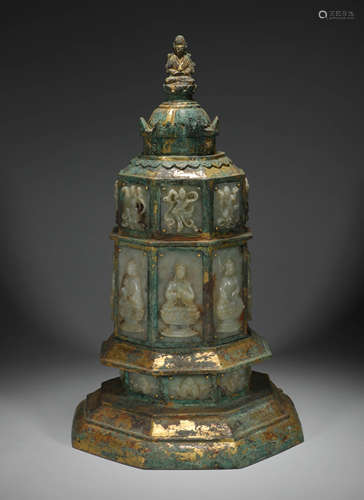 Liao dynasty bronze gilt jade inlaid pagoda