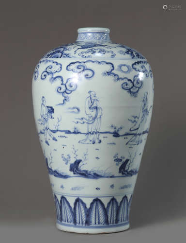 Blue and white character story Plum vase