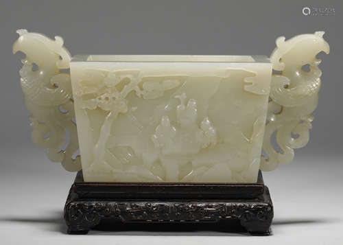 Hetian jade figurine double phoenix ear furnace in qing Dyna...