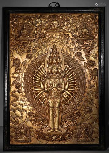 Qing dynasty bronze gilt thousand-hand Guanyin hanging scree...