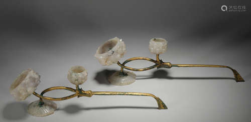 Liao dynasty bronze gilt agate lamp a pair