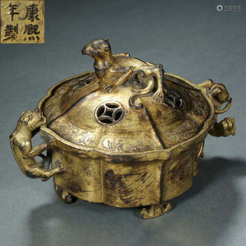 Qing Dynasty,Bronze Gilt Covered Bowl