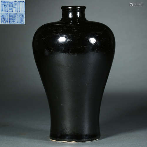 Qing Dynasty,Mirror Black Glaze Prunus Vase