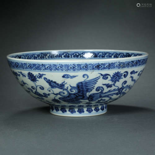 Ming Dynasty,Blue and White Phoenix Pattern Bowl