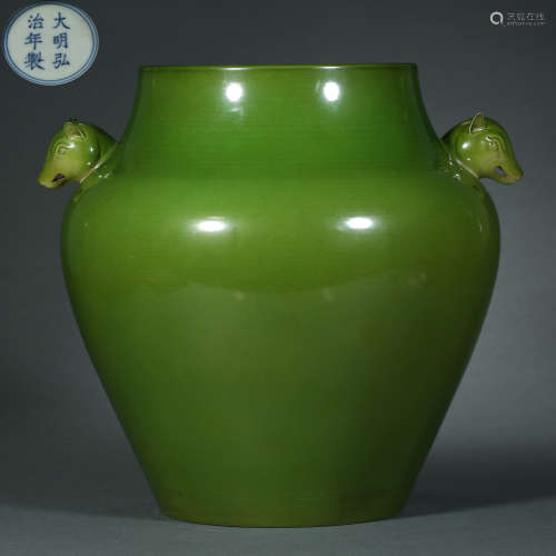 Ming Dynasty,Green Glaze Beast Ear Jar
