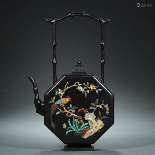 Qing Dynasty,Red Sandalwood Inlaid Treasure Flat Pot