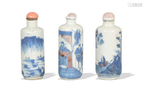 Group of 3 Chinese Blue and White Snuff Bottles, 19th