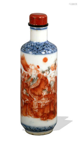 Chinese Blue and White Iron Red Snuff Bottle, 19th