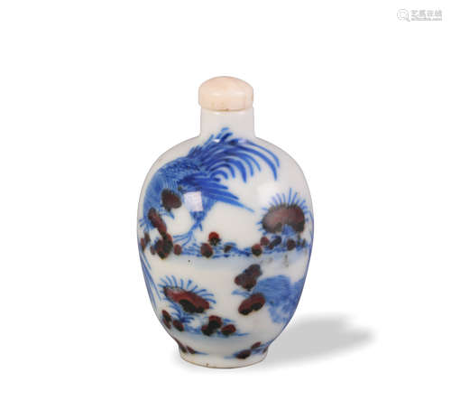 Chinese Red and Blue Rooster Snuff Bottle, 19th Century