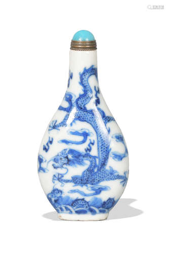 Chinese Blue and White Dragon Snuff Bottle, 19th