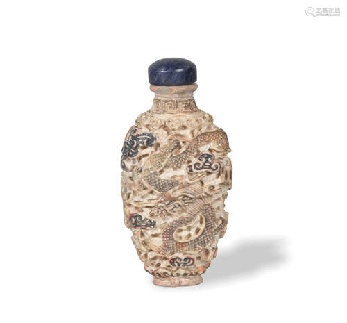 Chinese Carved White Glazed Dragon Snuff Bottle,