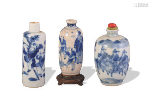 3 Chinese Blue and White Snuff Bottles, 19th Century