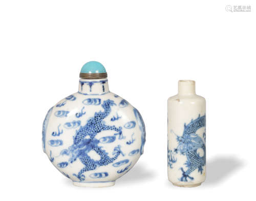 2 Chinese Blue and White Dragon Snuff Bottles, 19th