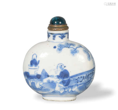 Chinese Blue and White Scholar Snuff Bottle, 19th