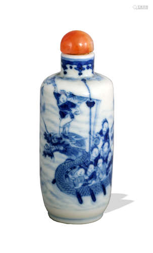 Chinese Blue and White Dragon Boat Snuff Bottle, 19th