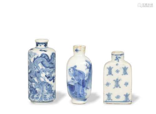 3 Chinese Blue and White Snuff Bottles, 19th Century